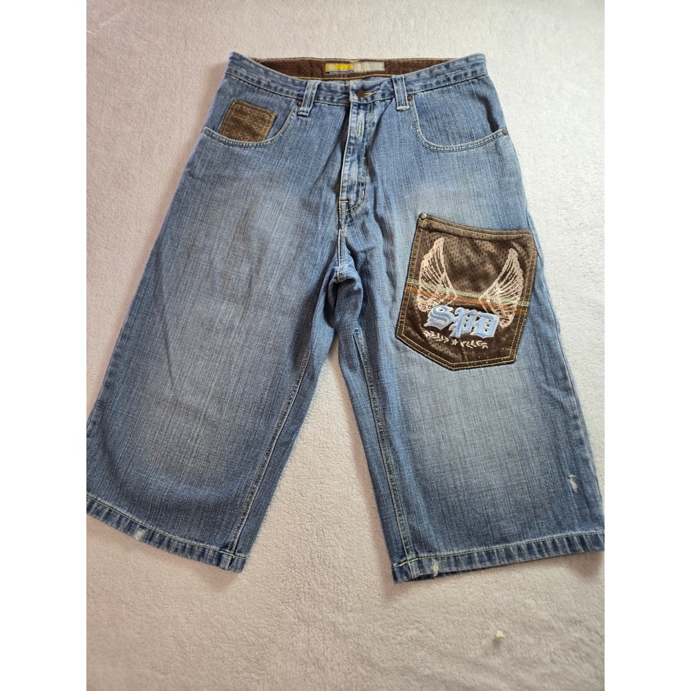 VTG Southpole Mens Baggy Denim Shorts Blue Y2K Embroidered Wing Mesh Pockets 34